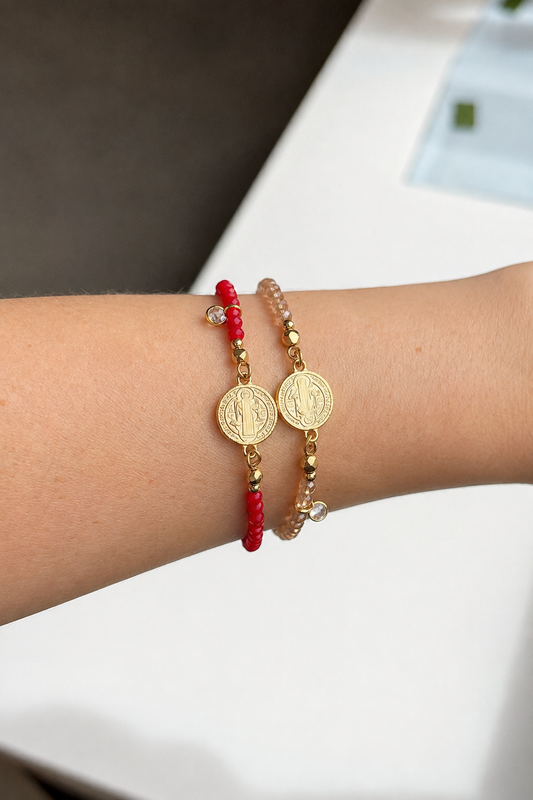 Kit 2 Pulseiras Medalha São Bento Vermelho + Bege