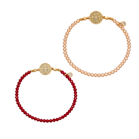 Kit 2 Pulseiras Medalha São Bento Vermelho + Bege
